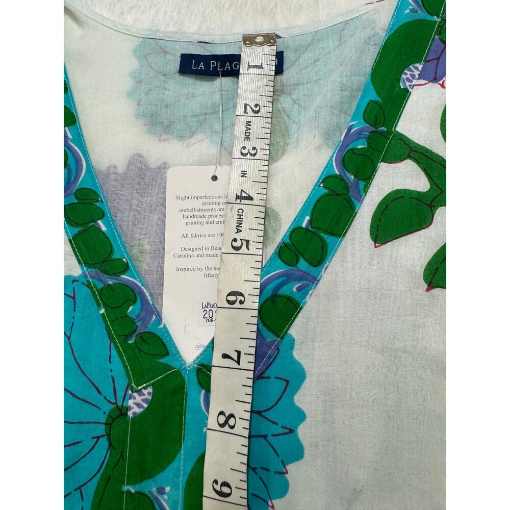 La Plage Maxi Dress Size M White Blue Purple Floral Print Tassel Tie Waist Boho - Picture 13 of 16